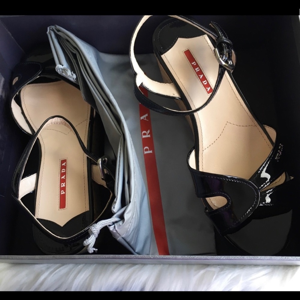 Prada Donna Black Patent Wedge Sandals, Size 8 - image 2